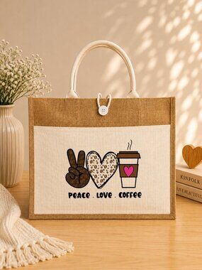 Peace Love Coffee Tote Bag - Jute Tote - Reusable